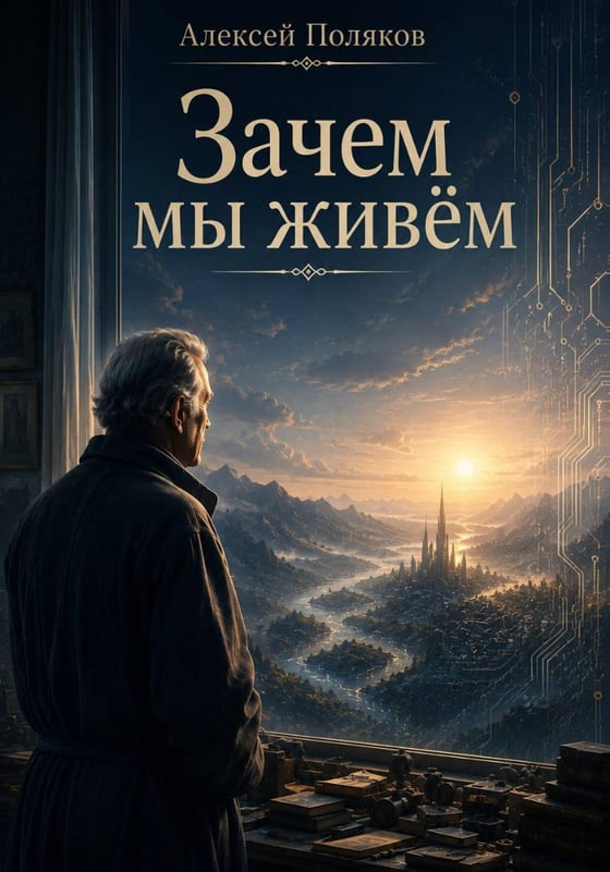 Обложка книги «Зачем мы живём» Алексея Полякова: человек у окна смотрит на долину с рекой и городом на закате.